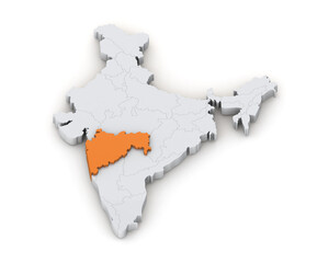 Maharashtra state 3d map in India isolated on transparent background. Three-dimensional India's state map. India map 3d Illustration.