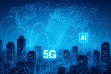 Futuristic Cityscape with Global Network Connections 5G and AI Overlays skyscrapers buildings
