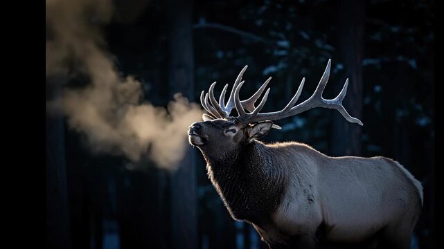 Majestic bull elk with frosty antlers breathing steam on cold winter morning in the forest