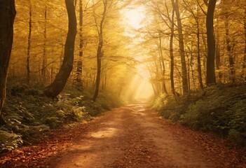 Fototapeta premium Golden Sunlight Forest: A scenic pathway carved through a forest, bathed in the golden sunlight, invites a serene journey to an unknown destination. Ai generated image