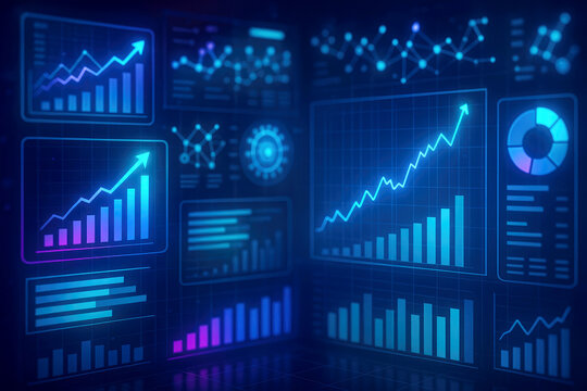 Futuristic Digital Dashboard With Growing Bar Charts And Line Graphs In Blue And Purple Tones data analytics