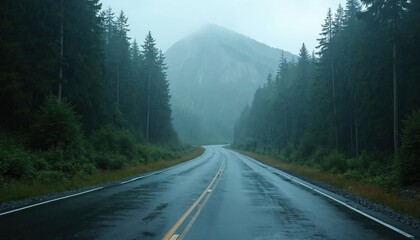 Wet winding road goes through a dark mountain forest. Tall green trees line the highway. A misty mountain peak stands in distance. Rain falls on asphalt surface. Drive car in wild nature for trip.