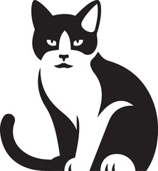 Black and white cat with curled tail silhouette, Elegant sitting cat vector design