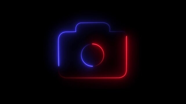 Glowing neon camera icon isolated , recording, and film themes,  animated on black background.