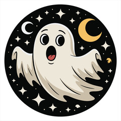 Spooky cute ghost floating among stars and moon halloween celebration