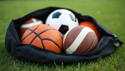 Sports bag on grass holds soccer, basketball, rugby and volleyball. Ready for active play and training. Team sports gear for practice. Outdoor recreation equipment.