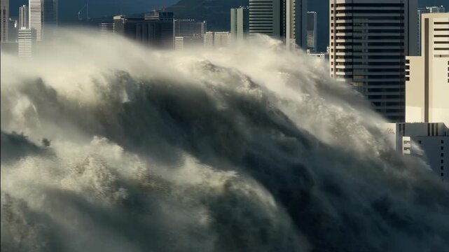 Massive tsunami wave crashes into a coastal city skyline