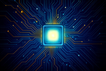 Glowing Central Processing Unit with Blue and Yellow Circuit Board Pathways processor microchip