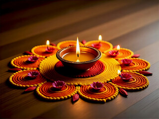 Traditional Indian Diya oil lamp lit on a colorful rangoli pattern candle flame