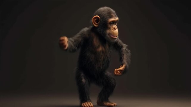 Chimpanzee performs lively dance animation showcasing expressive movements and playful energy in a dark, spotlighted setting with a focus on its agile form and playful demeanor