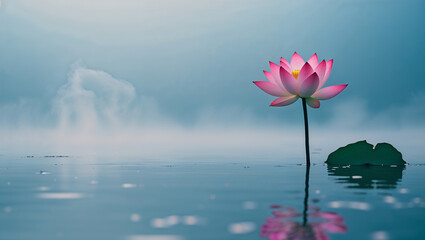 Fototapeta premium Pink lotus flower blooming in a serene lake at dawn