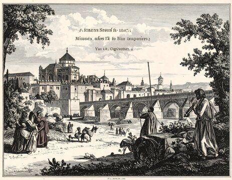 Historic engraving of a city with bridge and figures, possibly Spain