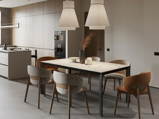 Dining room with large wooden table, chairs, and a modern pendant light.