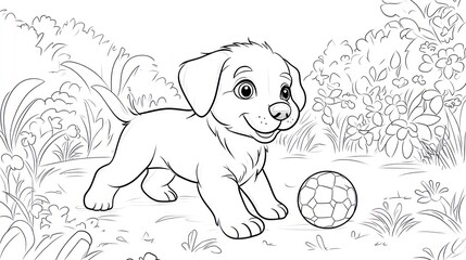 Puppy playing with ball in garden, surrounded by bushes and flowers, suitable for coloring pages