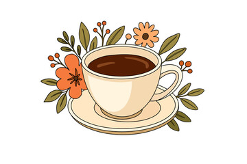 A flat-style illustration of a coffee cup with floral decor. Warm and cozy minimal design perfect for café menus, posters, invitations, or branding projects.