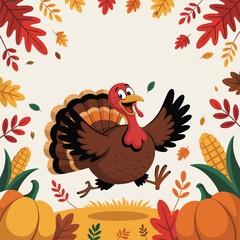 Joyful thanksgiving turkey celebrates autumn harvest with pumpkins and fall leaves