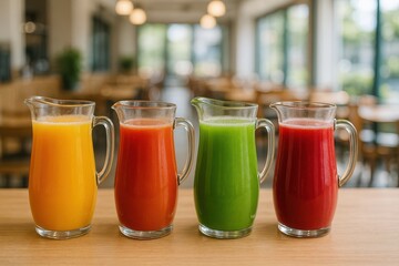 Colorful Juice Jugs On Buffet Table. Four glass jugs filled with fresh green, orange, red, and yellow juices are displayed on a buffet table in a bright dining area.