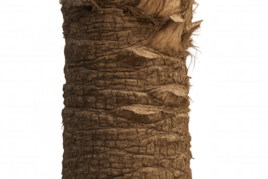 Palm tree trunk with textured bark, tropical nature element on transparent background, brown rough surface