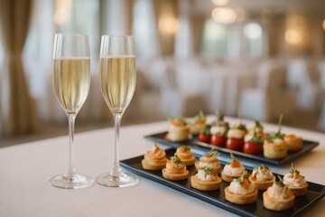 Naklejka premium Elegant Appetizers And Champagne Glasses On Table. A selection of gourmet appetizers served on black trays with two glasses of champagne in a refined buffet setting.