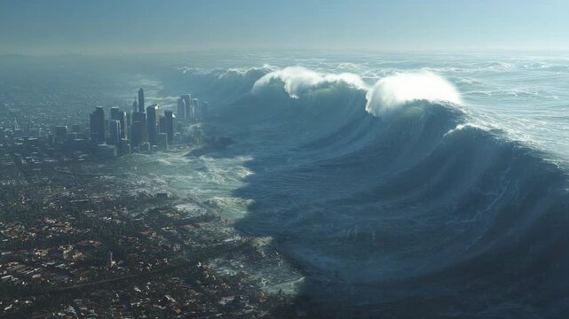 Massive tsunami wave approaches modern city skyline, towering walls of water casting deep shadows over urban landscape in intense cinematic disaster scene.