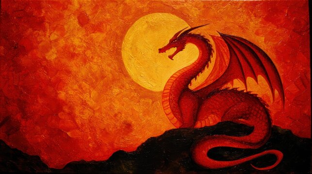 Majestic dragon silhouetted against fiery sunset with dramatic lighting