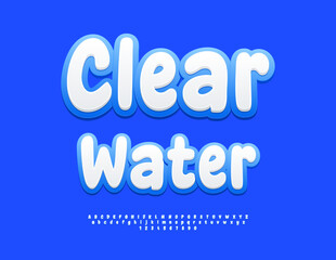 Vector Eco Emblem Clear Water. Cute White and Blue Font. Plump Alphabet Letters, Numbers and Symbols set