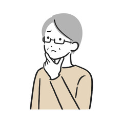 Thinking Senior Man Vector Illustration, Elderly Male with Hand on Chin Looking Worried in Simple Flat Design