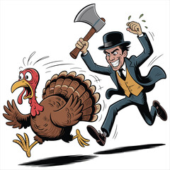 Scared turkey flees man with ax festive thanksgiving holiday cartoon scene