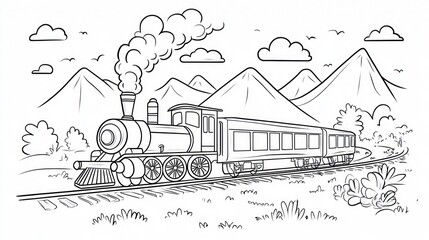 Black and white illustration of a steam train traveling through mountains.  Possible use coloring book, educational materials