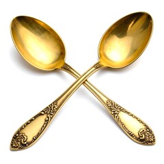 Two antique gold-colored spoons crossed over a bright white background