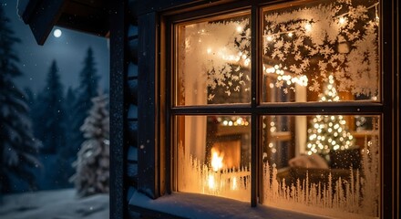 Illustration of frosted window looking into a cozy room with christmas tree