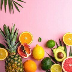 Assorted, colorful tropical fruits arranged on a pastel pink surface with greenery
