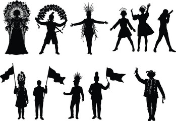 Vector illustration of festival parade people silhouettes with costumes, flags, traditional outfits, performers, dancers, musicians, carnival celebration and cultural artwork design