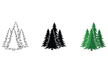 Vector art of three fir trees in different styles, outline, silhouette and color