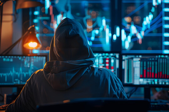The Enigmatic Analyst: A hooded figure is immersed in the digital realm, analyzing financial data under the glow of a computer screen.