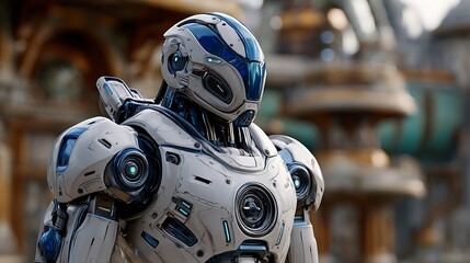 Futuristic robotic guardian stands watch