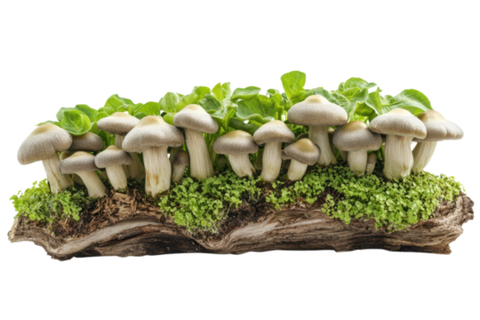 Cluster of mushrooms growing on a mossy log with green leaves in a natural forest setting on transparent background - Powered by Adobe