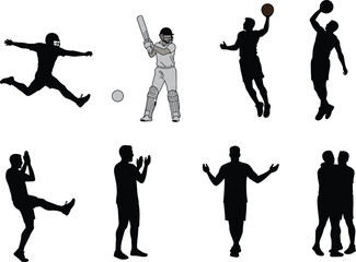 Vector silhouettes and cricket player illustration showcasing diverse sports activities, dynamic athlete poses, teamwork, celebration, and competitive motion graphics