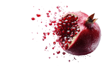 Fresh pomegranate with juicy seeds exploding for healthy eating concepts on transparent background