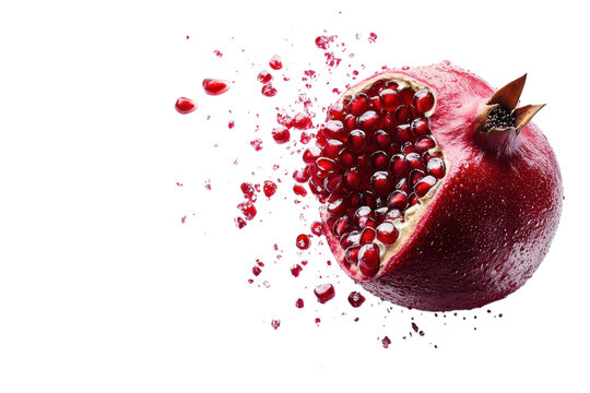 Fresh pomegranate with juicy seeds exploding for healthy eating concepts on transparent background