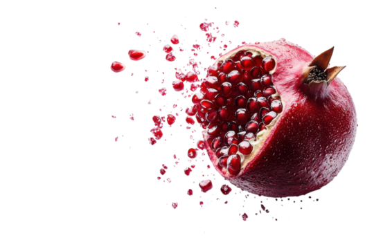 Fresh pomegranate with juicy seeds exploding for healthy eating concepts on transparent background