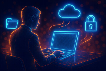 Man in suit working on laptop with glowing cloud, folder, and lock icons business computer