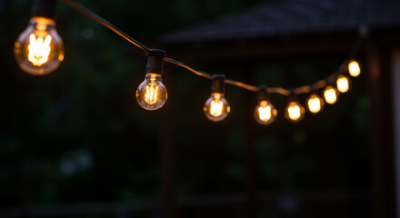 Warm glowing string lights hanging outdoors at night