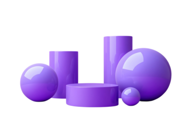 Purple geometric shapes including spheres and cylinders arranged for product display on transparent background
