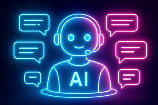 Neon AI assistant with headset and speech bubbles on a dark background artificial intelligence chatbot