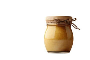 Creamy peanut butter in a glass jar with rustic twine perfect for food blogs on transparent background