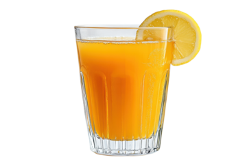 Refreshing orange juice in a glass with a lemon slice against a for a vibrant look on transparent background