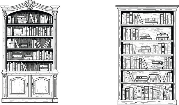 Naklejki Vintage bookshelf illustration, classic wooden bookcase design, hand drawn library furniture sketch, antique books storage vector, detailed line art