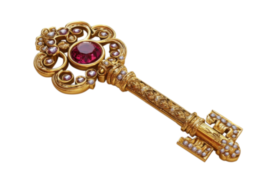 Ornate golden key with ruby and diamond accents for luxury designs on transparent background