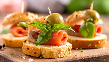 Delicious Salmon Canap?s with Olives and Basil on Wooden Board.